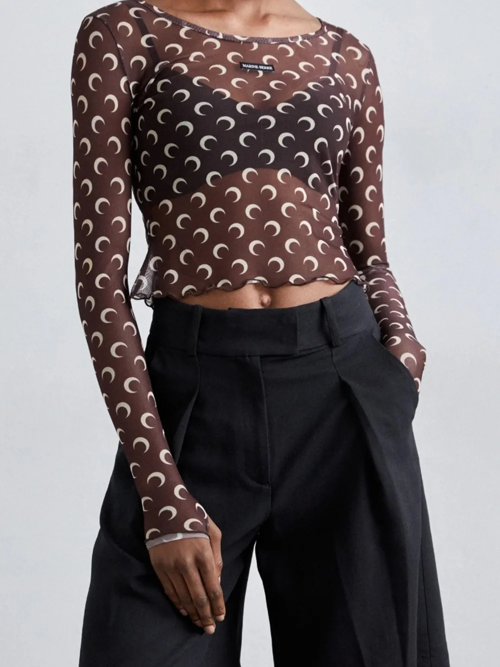 Marine Serre Brown Moon-Print Cropped Long Sleeve Top and matching sheer pants - Picture 1 of 11